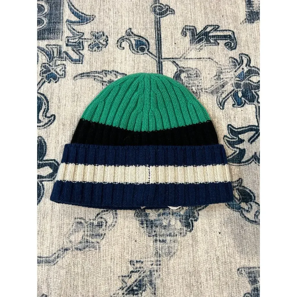 NWT Everlane Unisex Cashmere Wool Ribbed Multi-Stripe Beanie Green Navy OS